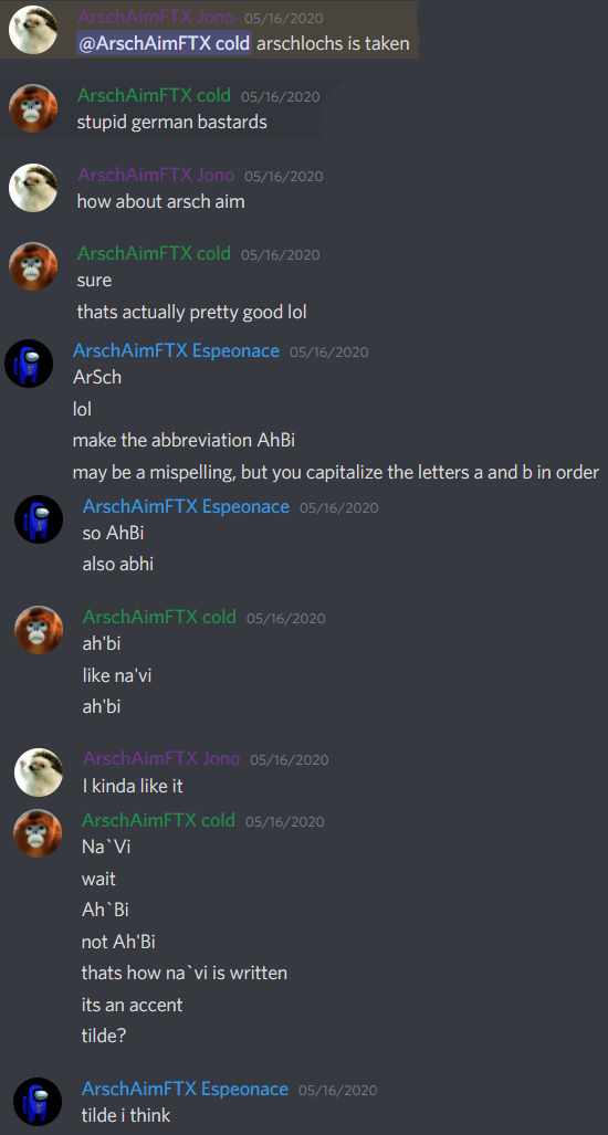 Discord messages showing the creation of Arsch Aim